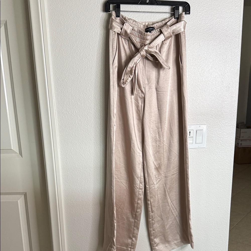 Beige Tie-Waist Wide-Leg Pants